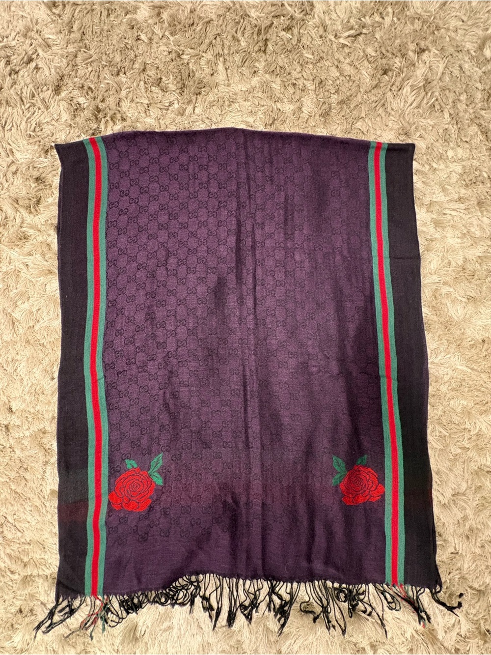 Gucci Purple Shawl with Red Rose & Green-Red Stripe